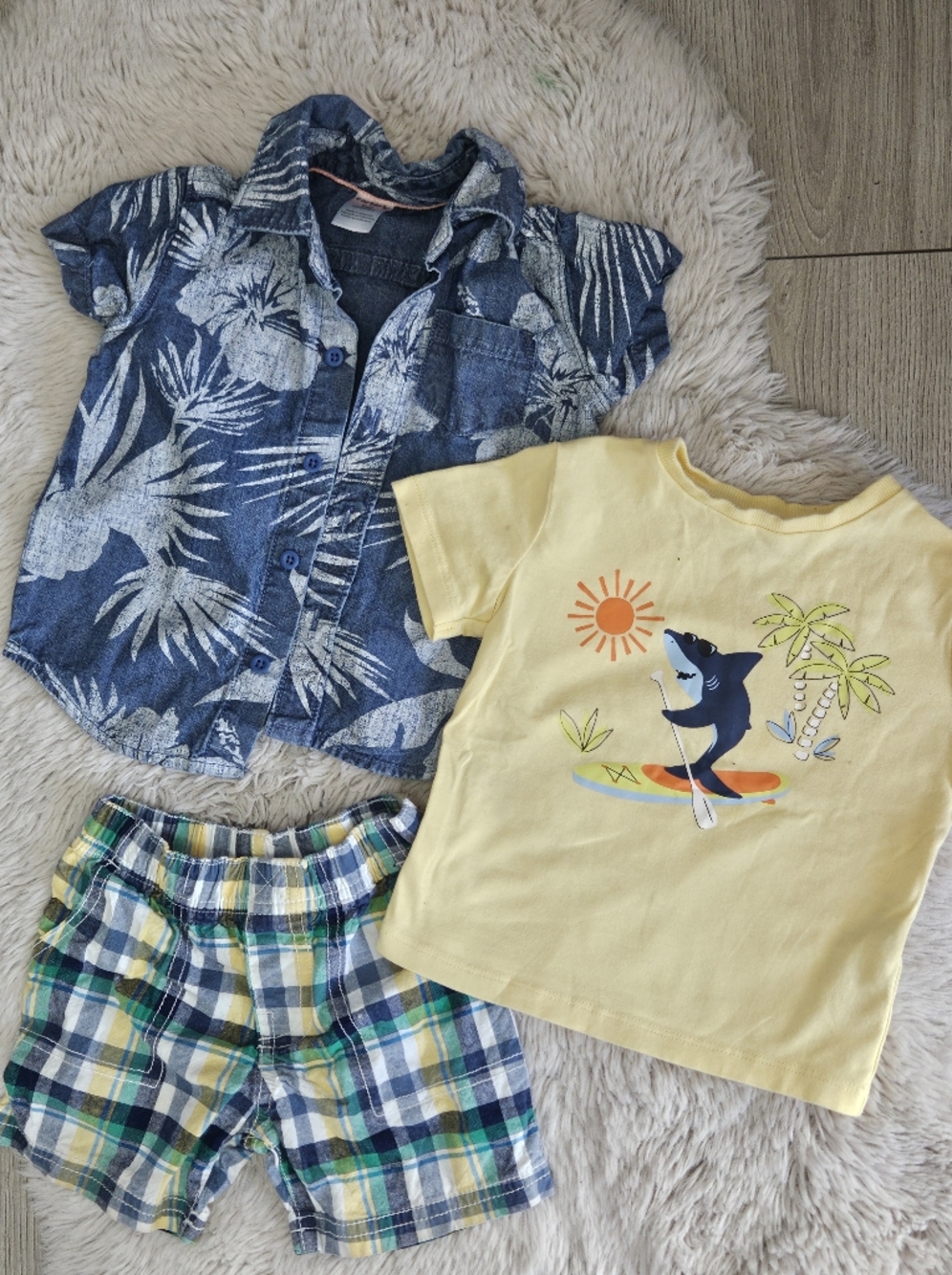 Carter's Baby Boy Summer Set Shark T-Shirt Floral Button Down Plaid Shorts 12-18